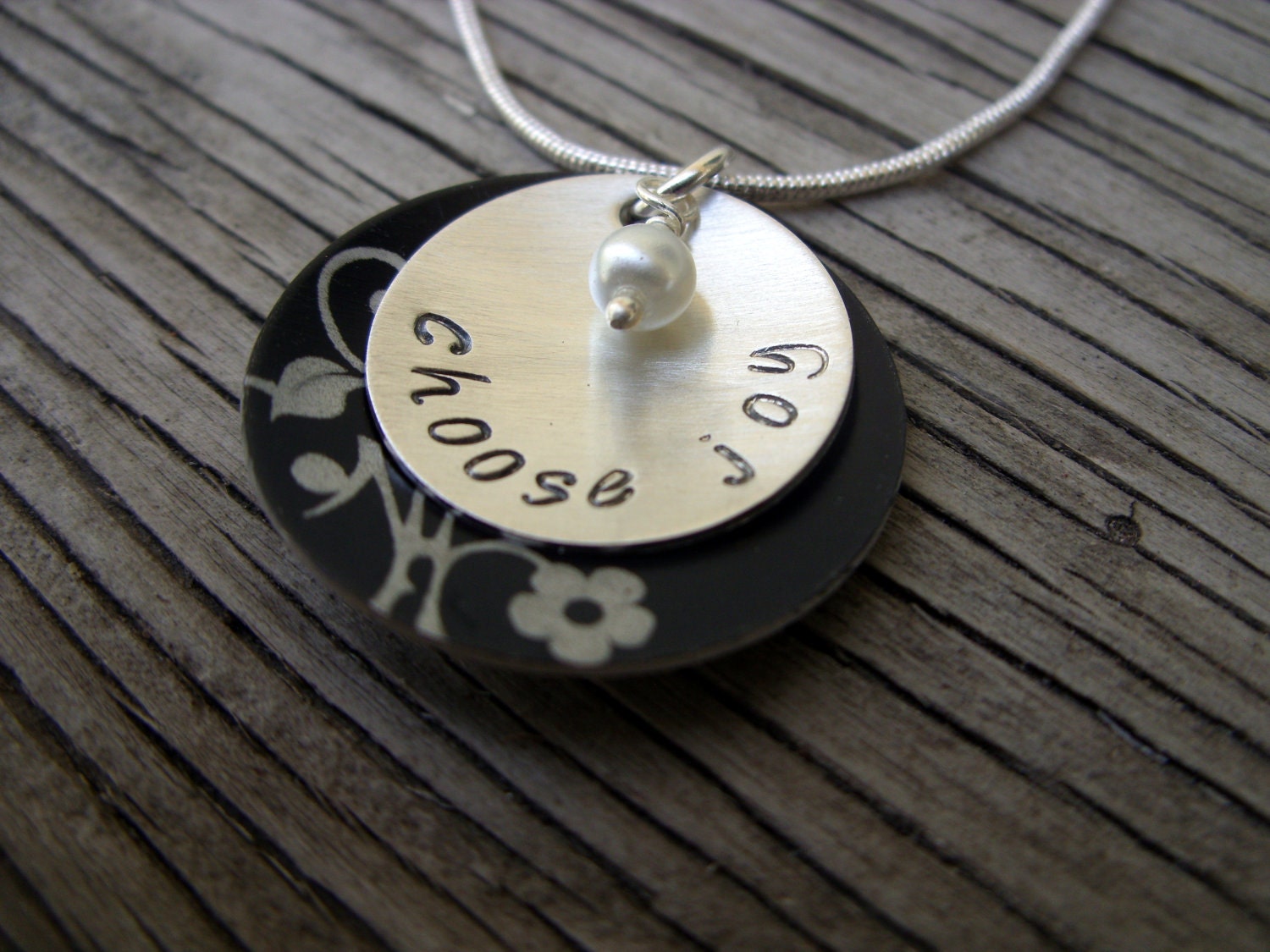 Hand stamped sterling silver 3/4 inch pendant with lovely 1 inch aluminum frame and 4mm glass pearl drop- choose joy