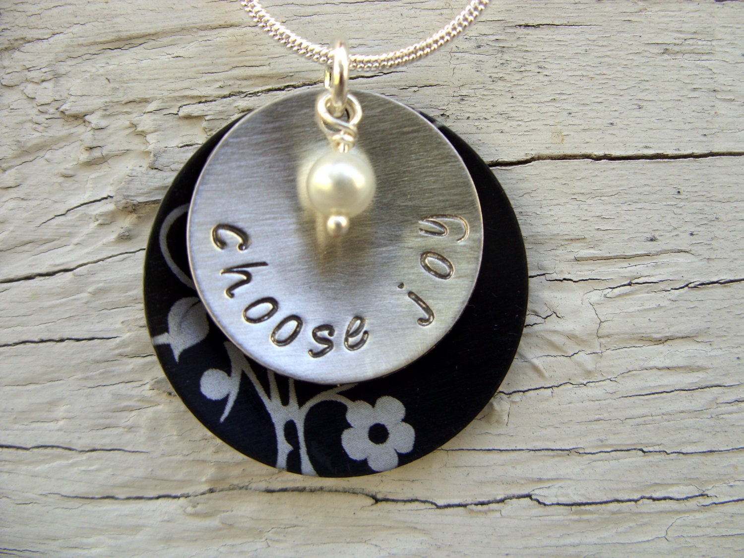 Hand stamped sterling silver 3/4 inch pendant with lovely 1 inch aluminum frame and 4mm glass pearl drop- choose joy