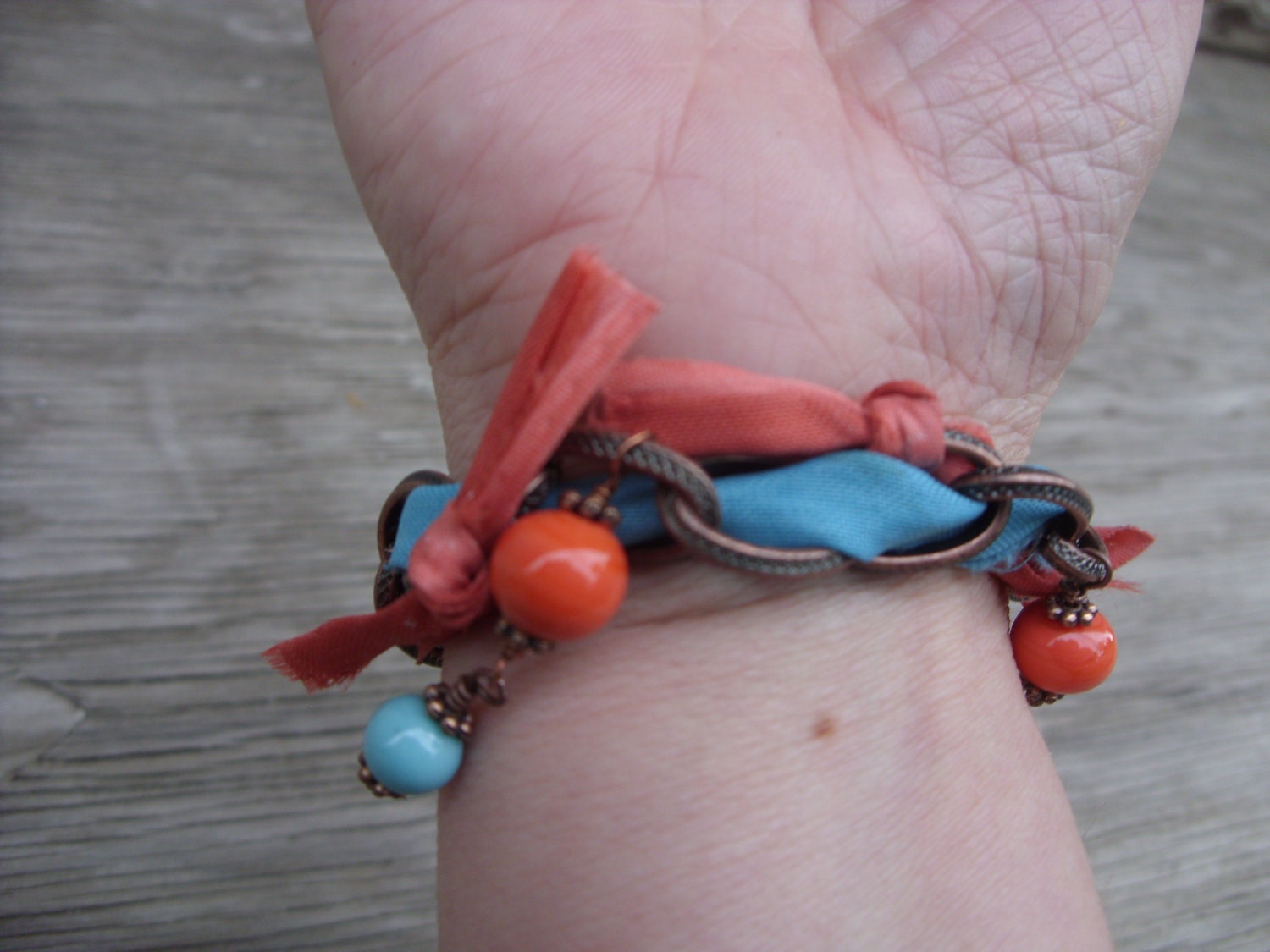Bravo Boho Bracelet- copper chain, turquoise and orange glass beads and sari silk with handstamped copper hope charm