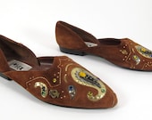 Southwest Brown Suede Paisley Flats with Rhinestones/ Silver and Gold Leather Detail 8.5