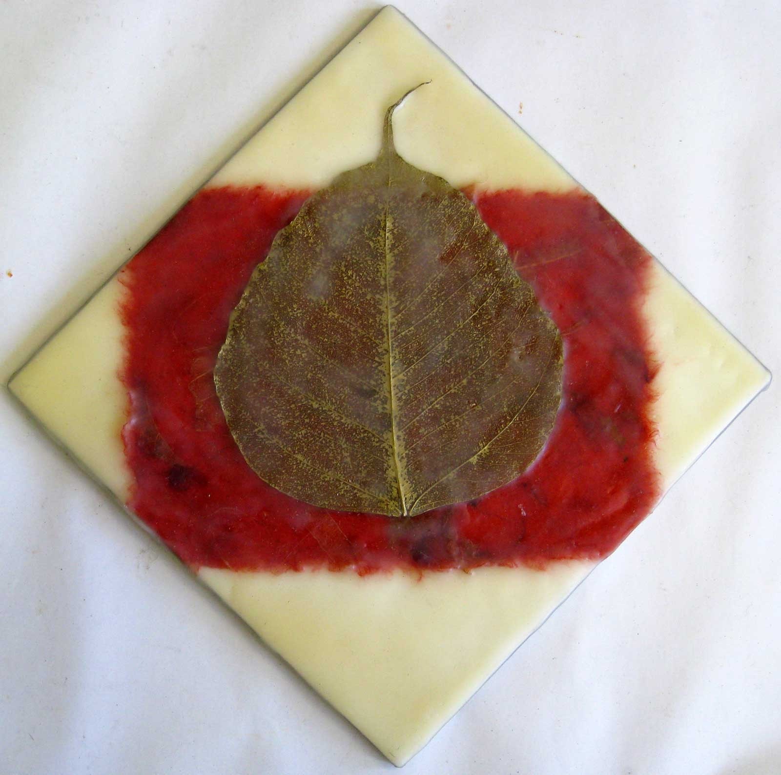 original painting beeswax encaustic wax paper collage leaf red gold