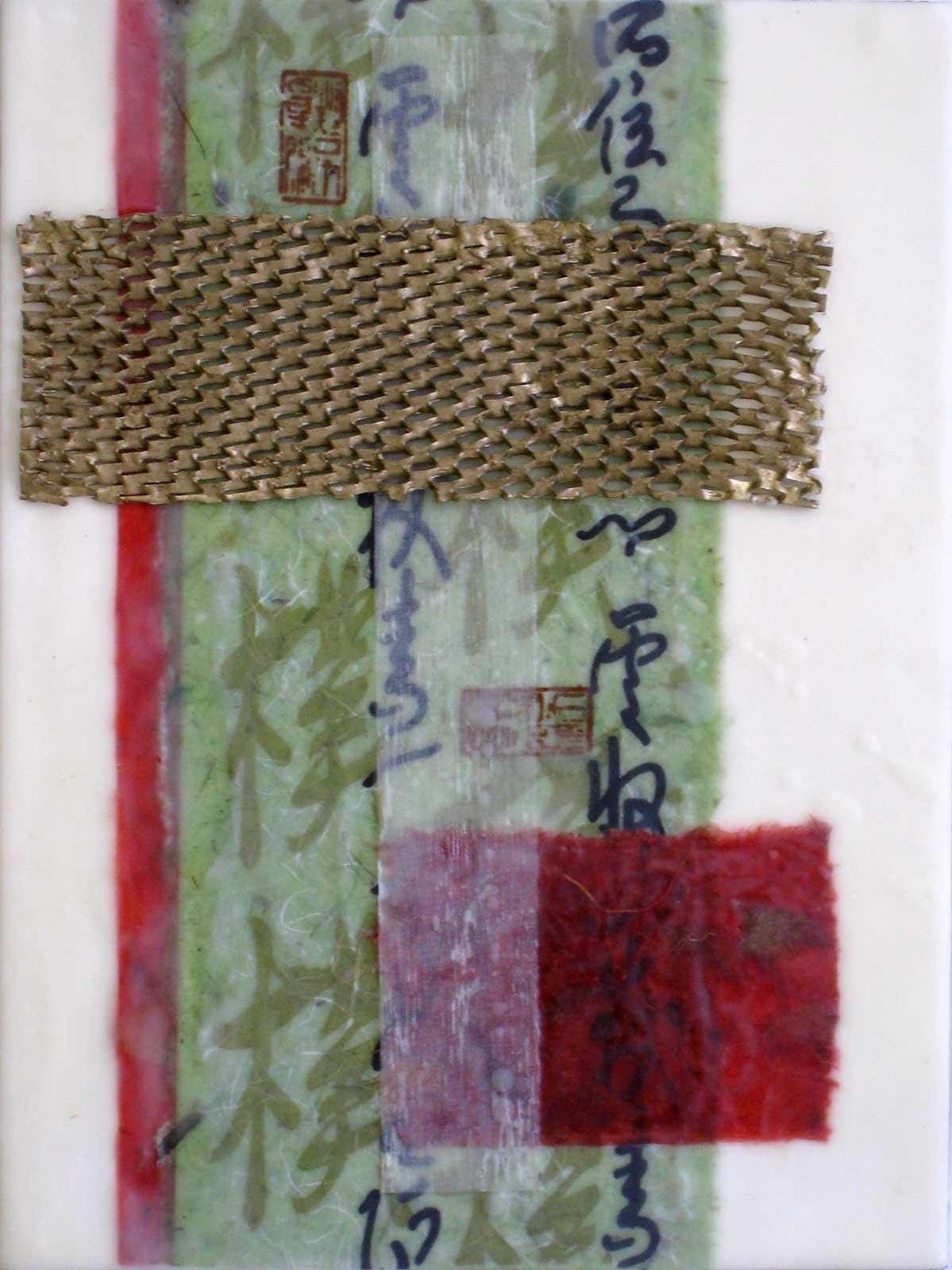Stachowic original painting beeswax encaustic collage Asian red green gold paper writing