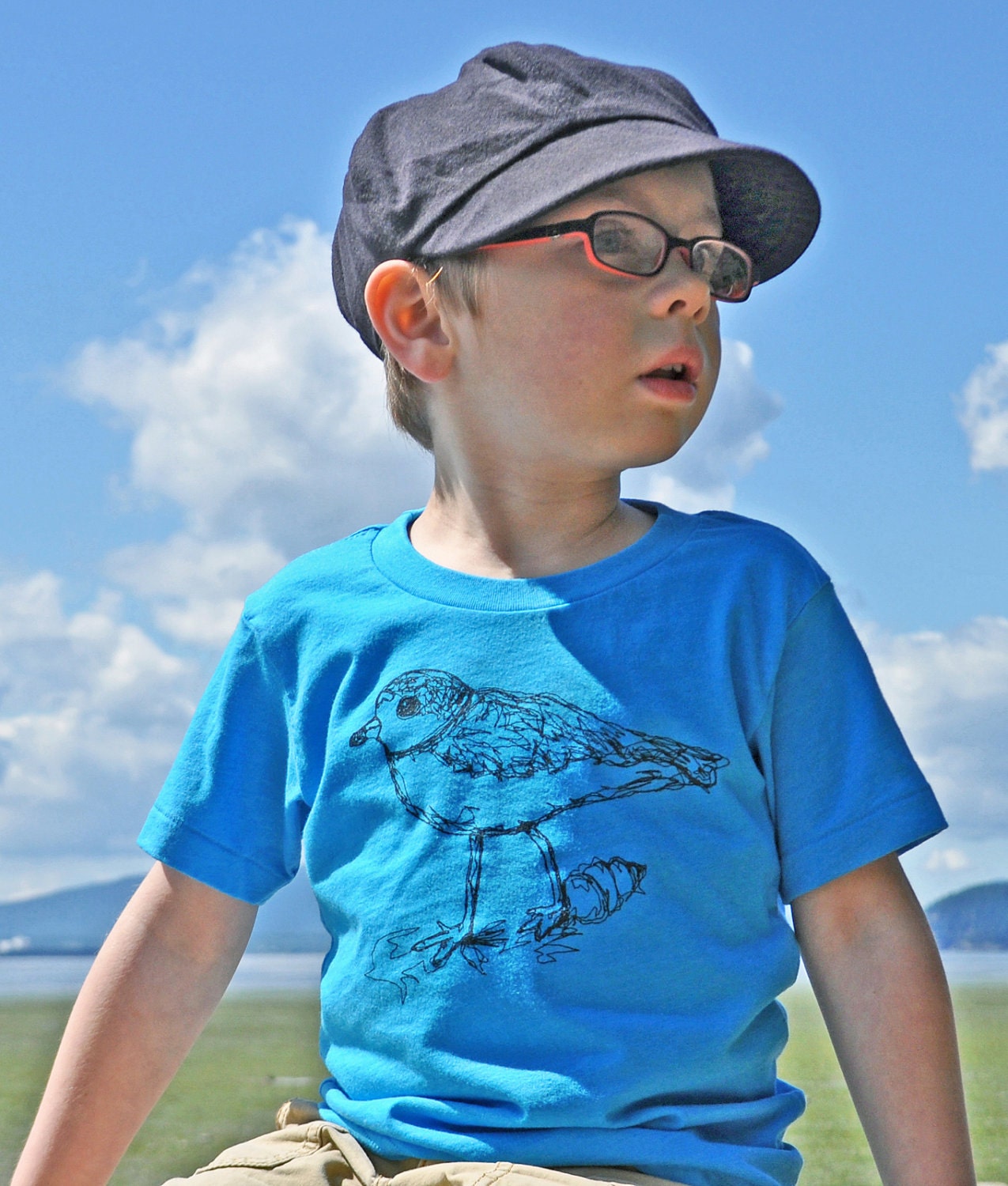 Kiddo Piping Plover Bird Tee- Neon Blue- (2, 4, 6, 10)