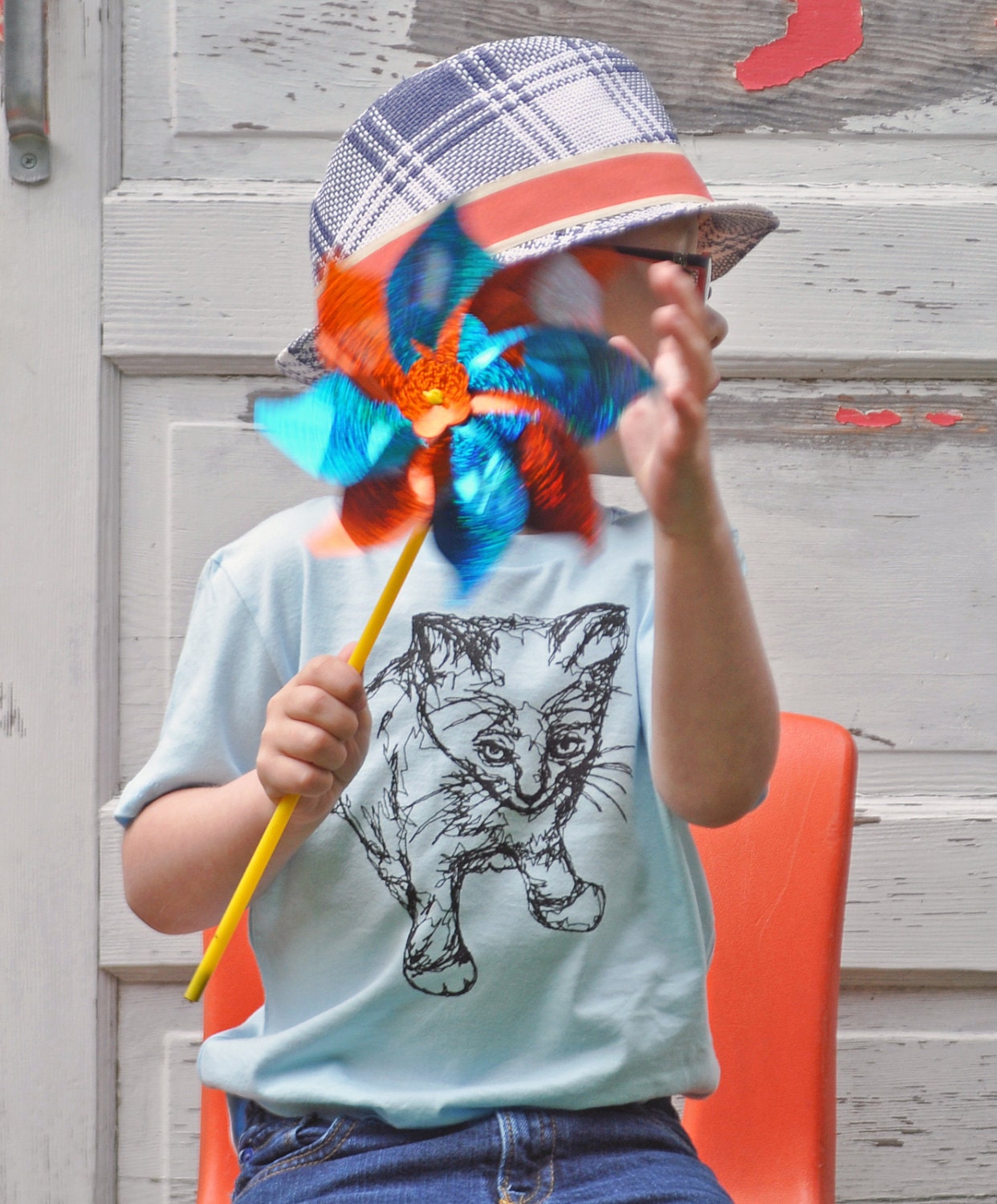 Kiddo Kitty Tee- Light Blue - Youth