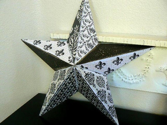 Large Tin Star... Designer Prints of Black and Cream Damask, Fleur de Lis... Paris, French Apartment Living... Home Decor, Wall Hanging