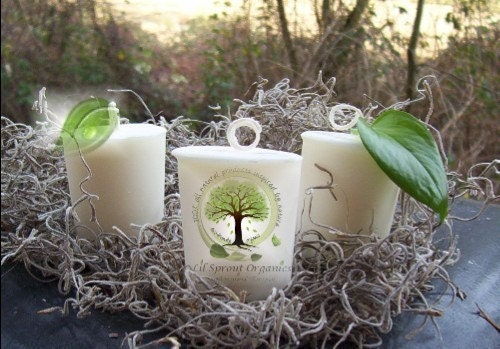 Organic sweet orange and basil all natural vegan soy votive candle with essential oils. nature remedies aromatherapy