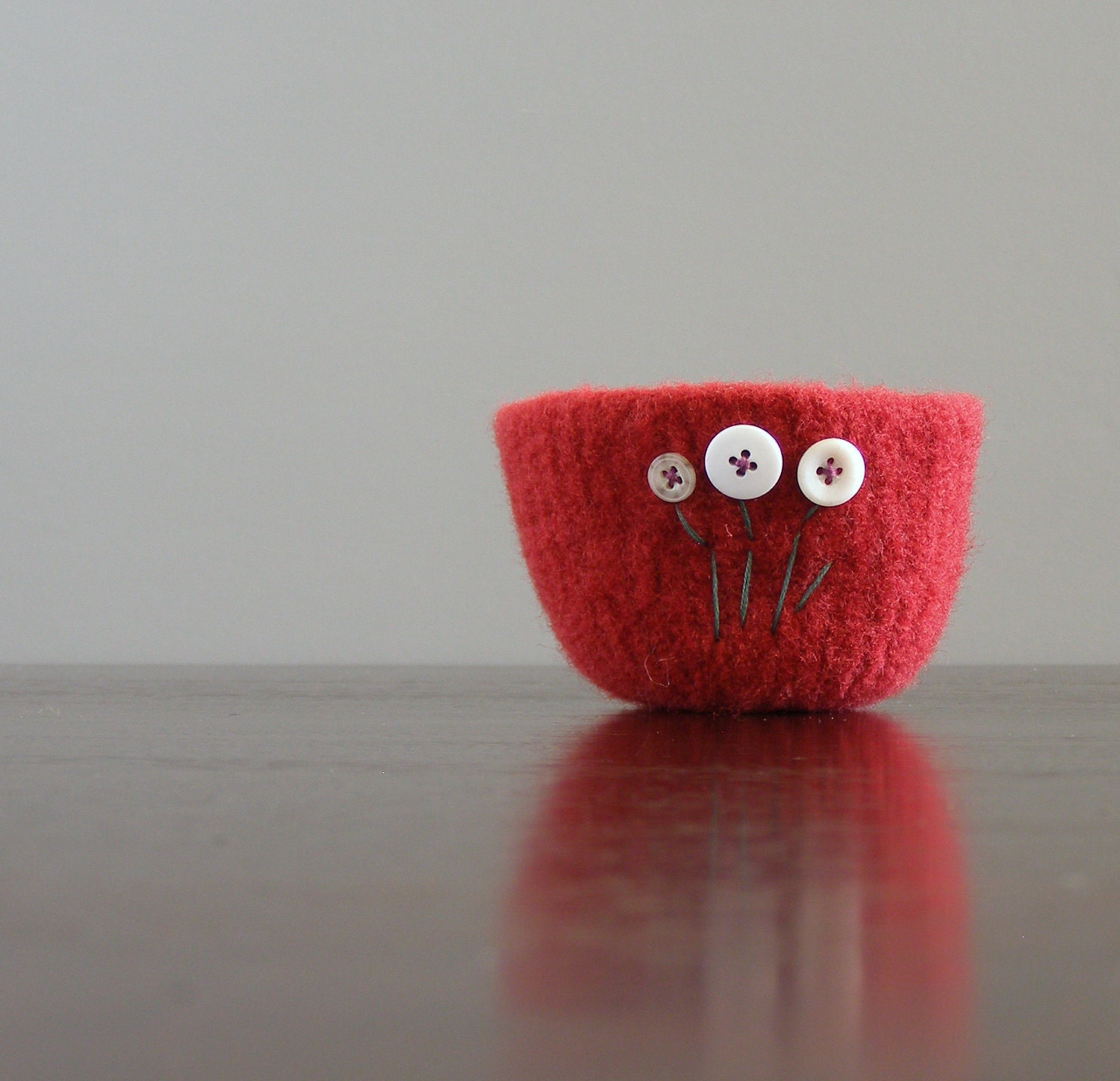 felted wool bowl - dark cranberry red with white and cream flowers