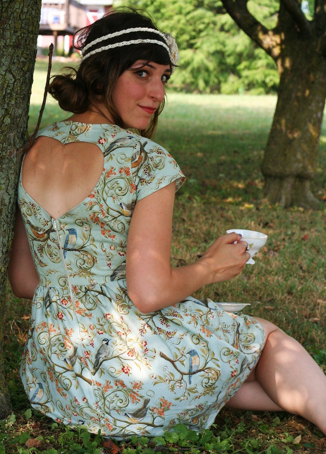 Heart cut out dress- Woodland blue bird- Women's Fashion handmade mint birds dress
