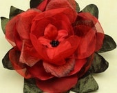 One of a Kind Hand Sewn Rose / Flower Brooch / Fascinator in Red & Green - Ready to Ship - Handmade by VividColors