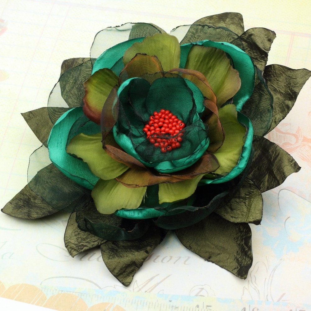One of a Kind Hand Sewn Flower Brooch / Fascinator in Emerald Green, Olive & Red - Ready to Ship - Handmade by VividColors