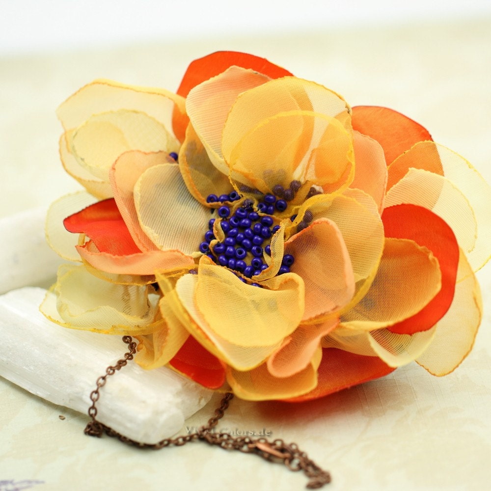 Flirty Flower Necklace in Orange Yellow & Blue - Ready to Ship - Handmade  by VividColors