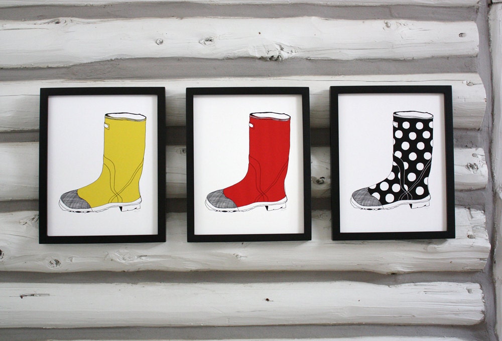 Set of three prints - Three 11x14 Whimsical Wellie prints - Choose from seven colors