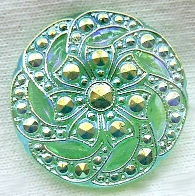 Czech Glass Button - Transparent Mint Glass 'Beaded' Floral w/ AB Luster