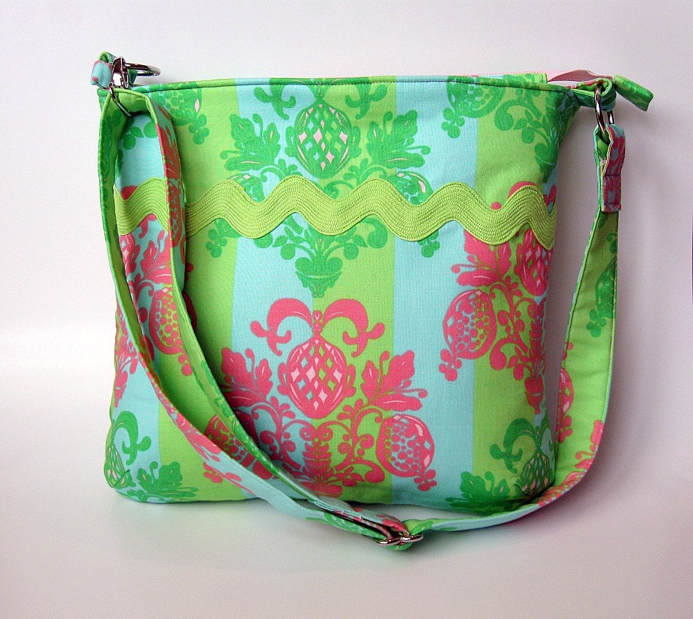 Handmade summer purse. Seaside Sunset - summer / French inspired handmade fabric hobo style purse. Green, blue, pink Fleur de lis. Zipper.