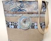 Handmade fabric purse. Blue Batik and natural linen purse. Shoulder strap, pockets, zippers.