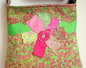Handmade summer purse. Watermelon colored Pink & green purse with flower embellishment. Zipper, pockets.