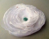 Handmade organza flower. Snow white with tiny aquamarine seed beads. Bride, bridal, more.