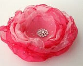 Large organza flower with rhinestones. Handmade. Pretty in pink. two tone. Bling.