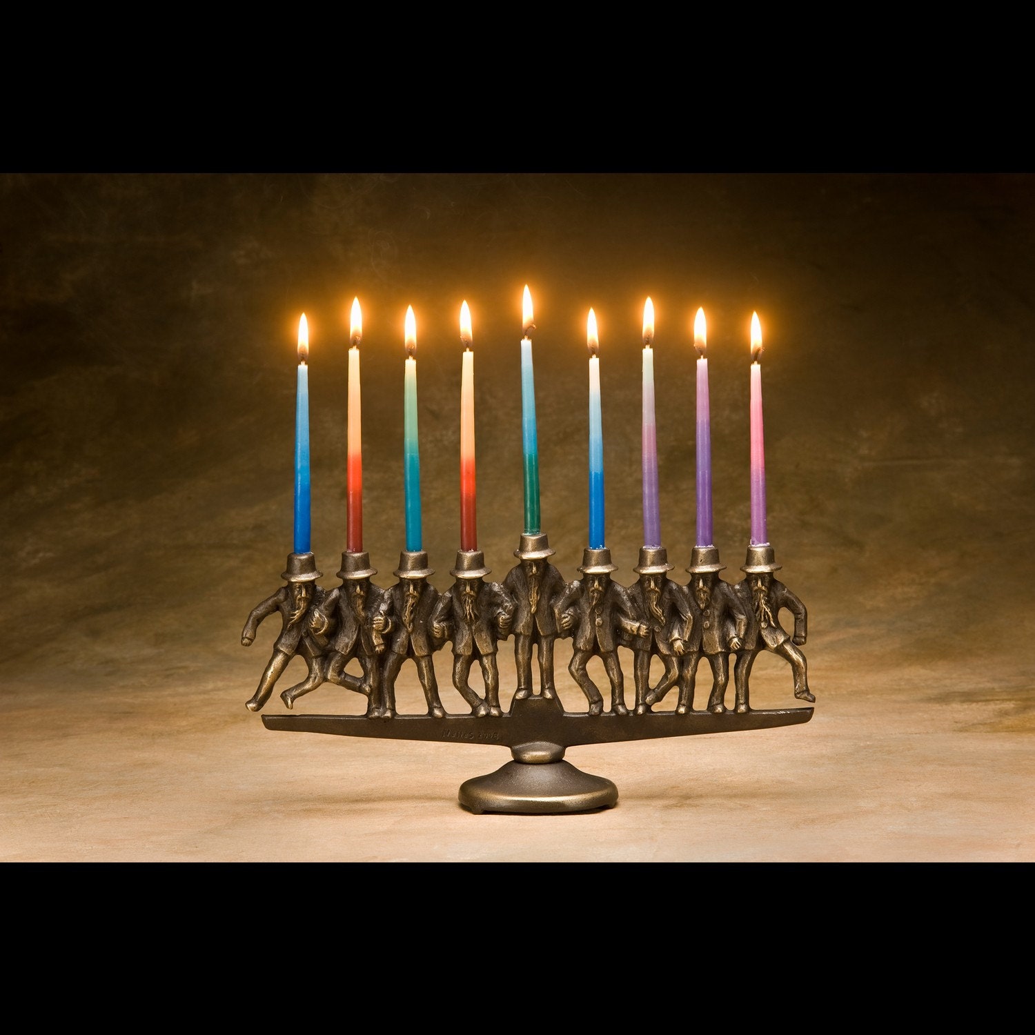 Dancing Rabbi Menorah, 9 candle, in solid bronze