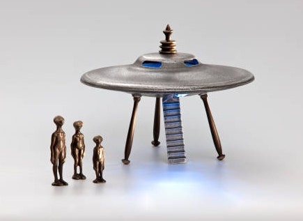 Flying Saucer, Cast Bronze and Aluminum With Alien Figures