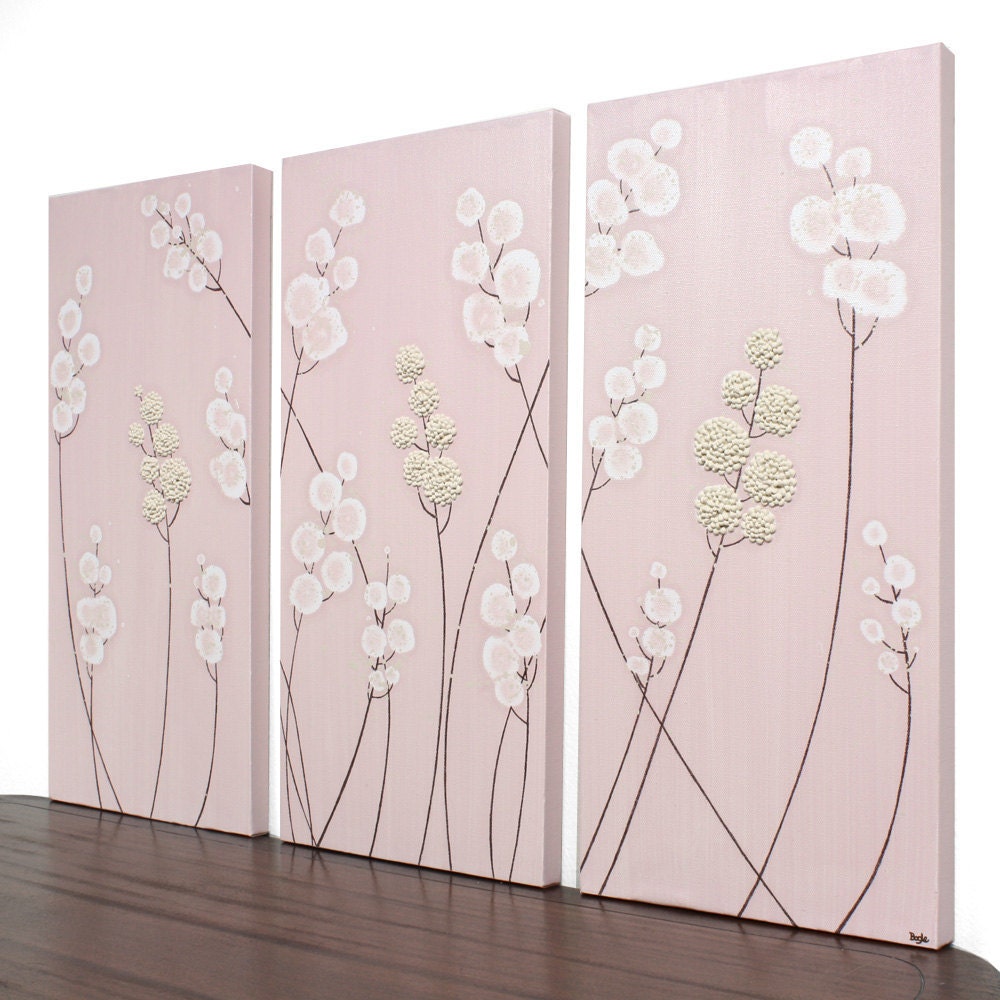 Pink Nursery Wall Art - Textured Painting - Pink and Brown Flower Decor - 32X20 Medium Triptych Canvas Art