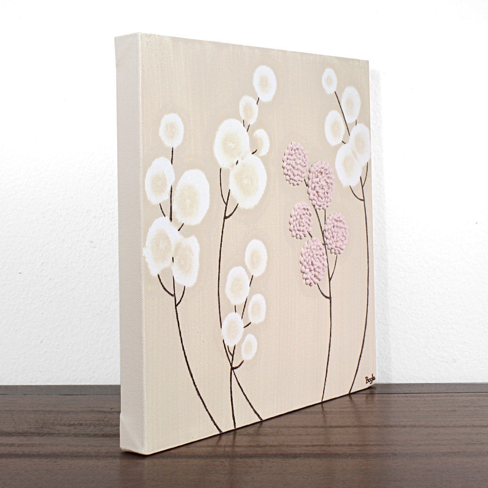 Baby Girl Nursery Wall Decor - Textured Flower Painting - Original Acrylic - Small 10X10 Pink and Brown Canvas Art