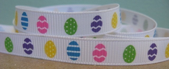 Easter Egg Hunt Print Hot Pink on white Grosgrain Ribbon in 3/8 inches wide Yellow Blue Purple Spring