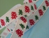 5 Yard Option Christmas Trees Red and Emerald Green on White Printed Grosgrain Ribbon Trim in 3/8 inches wide Sweet holiday print