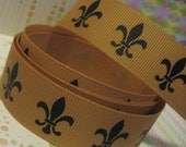 Gold Black Fleur Grosgrain Ribbon Fabric Trim 1.5 inch wide Fleur de Lis black on golden background