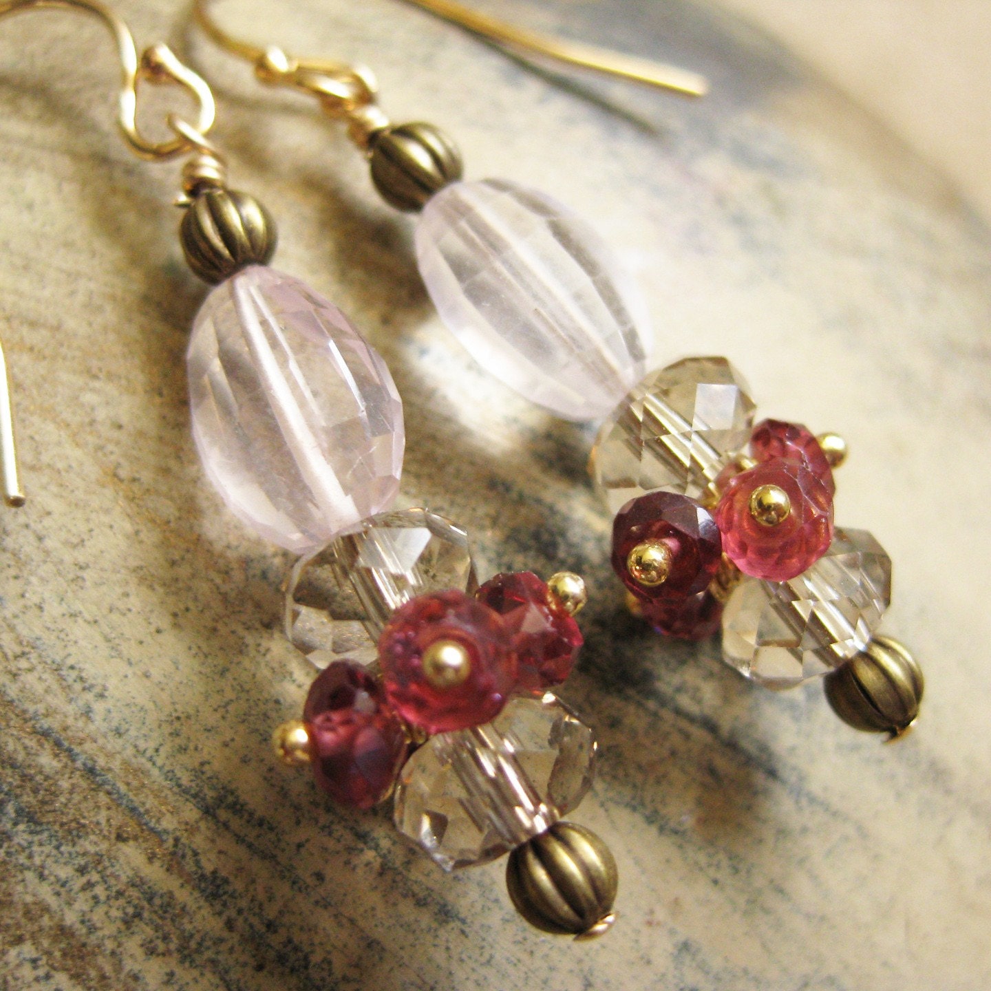 Pink rhodolite garnet earrings dangle with rose and smoky quartz and brass rounds katecojewelry