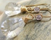 Earrings, Clear Crystal Quartz dangle wire wrapped, faceted Bezel set, Gold, Bridal : katecojewelry