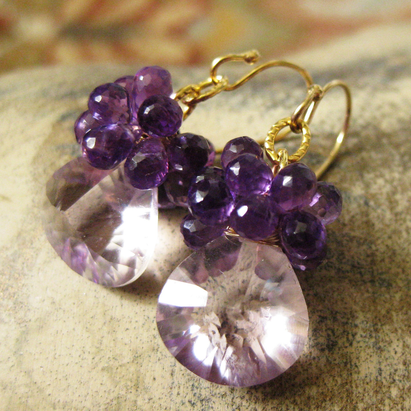 Earrings of deep amethyst cluster top faceted pale purple amethyst in Gold : katecojewelry