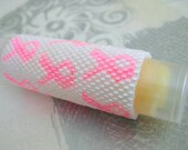 Lip Balm Cover, Cozy, Sleeve, Beaded - Breast Cancer Awareness Ribbon Handmade