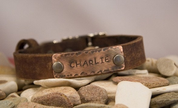 1.25 dog collar  Leather distressed custom made, name plate