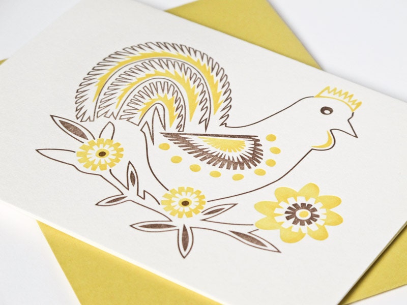 Letterpress Chicken Card Set - Polish Folk Art Stationery