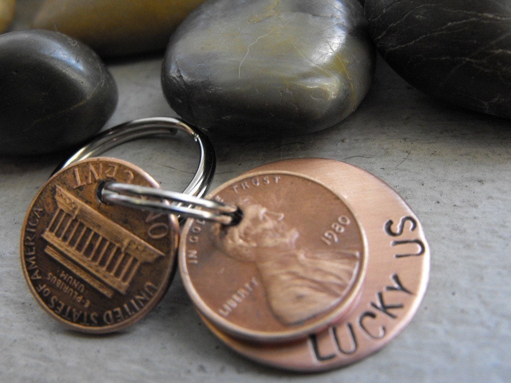 Lucky Us Copper Keychain with two lucky pennies