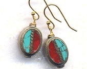 Nepali Earrings, Nepali Coral Turquoise Earrings, Ethnic Earrings, Nepali Art, Art from Nepal, Handmade Nepal Jewelry by AnnaArt72