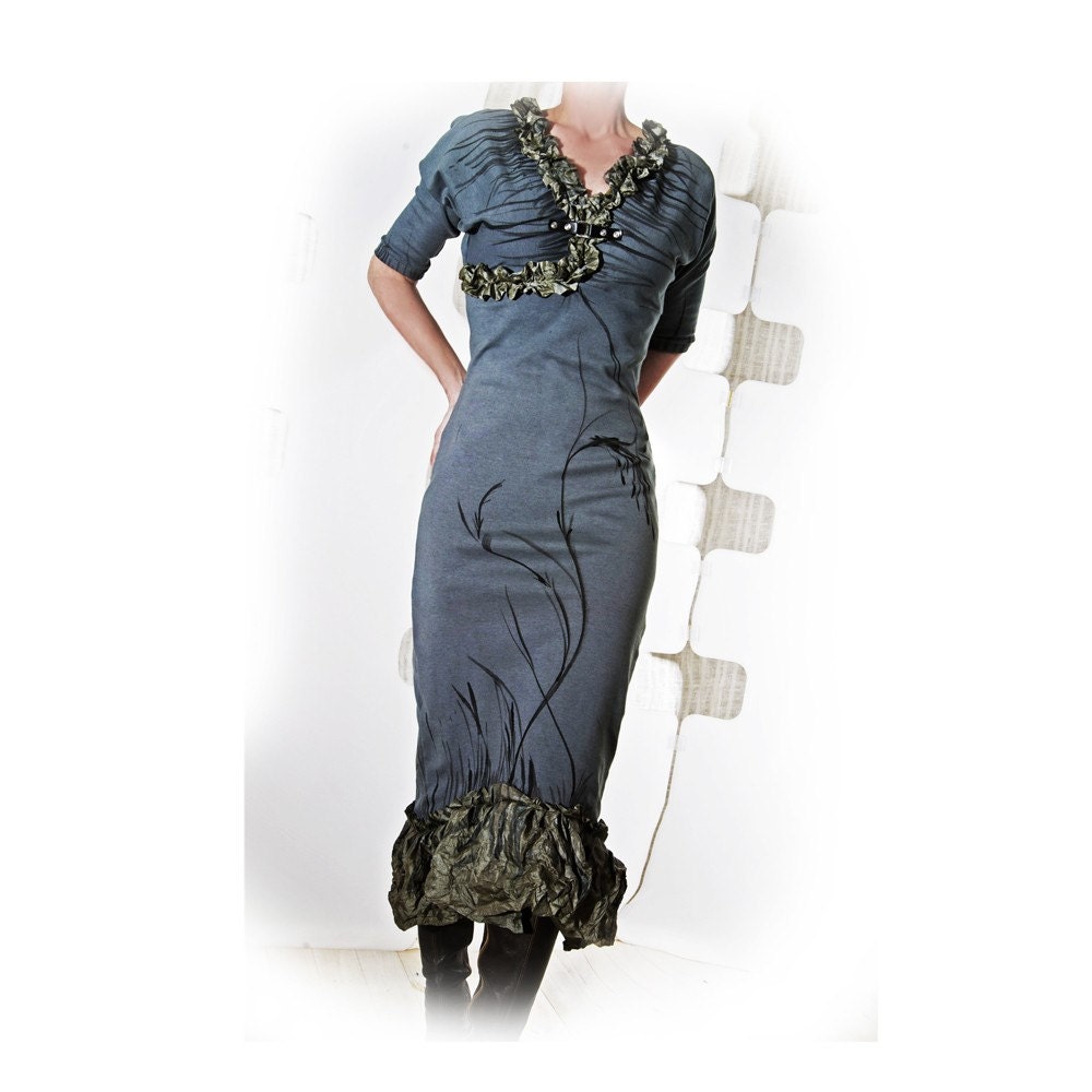 Hand painted Dress - Floral ruffled garden - cotton jersey -