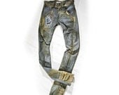 Jeans Handmade khaki green Distressed industrial couture