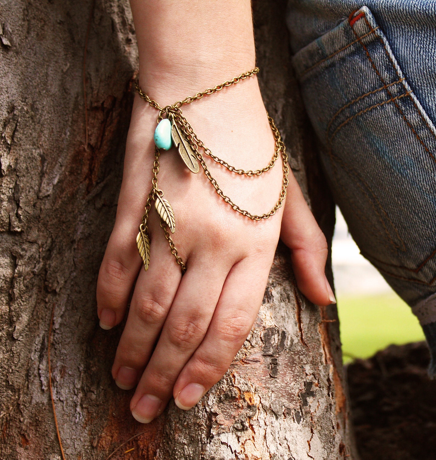 Slave Bracelet Hand Bracelet Piece Hipster Bronze Chain Boho Bohemian Feather Leaf Charm Turquoise Bead Ring  Hand Jewelry