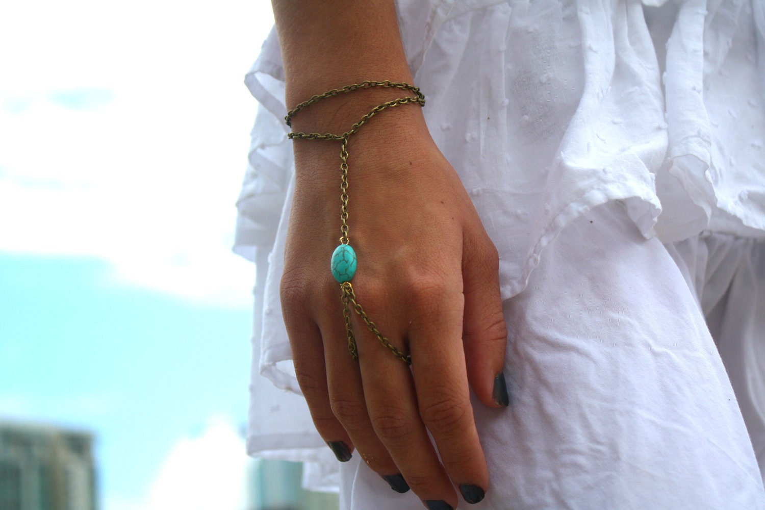 Slave Bracelet Hand Bracelet Piece Hipster Bronze Chain Boho Bohemian One Turquoise Bead Two Strand Hand Jewelry