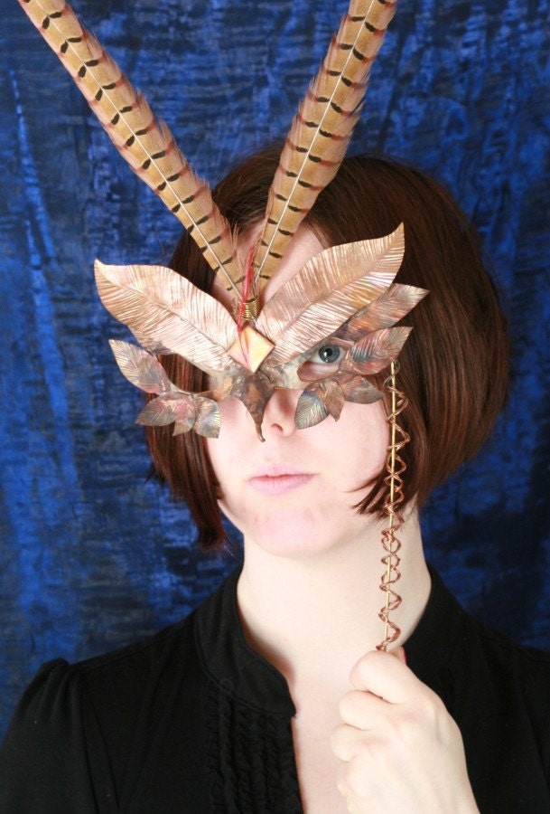 Copper Metal Mask - Inspired by Owls with feathers and leather - Handmade by Minnesota Artists - READY TO SHIP