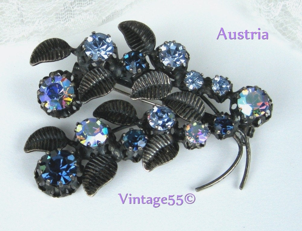 Vintage Brooch Blue Austria Gun Metal