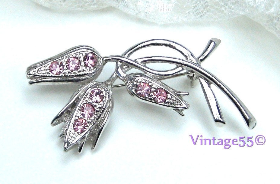 Vintage Brooch Rhinestones pink floral Tulips