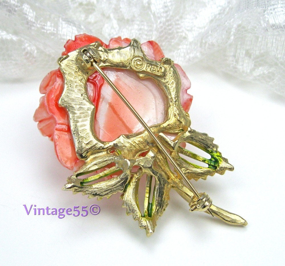 Vintage Brooch Stemmed Coral Rose Pell
