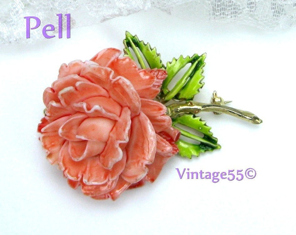 Vintage Brooch Stemmed Coral Rose Pell