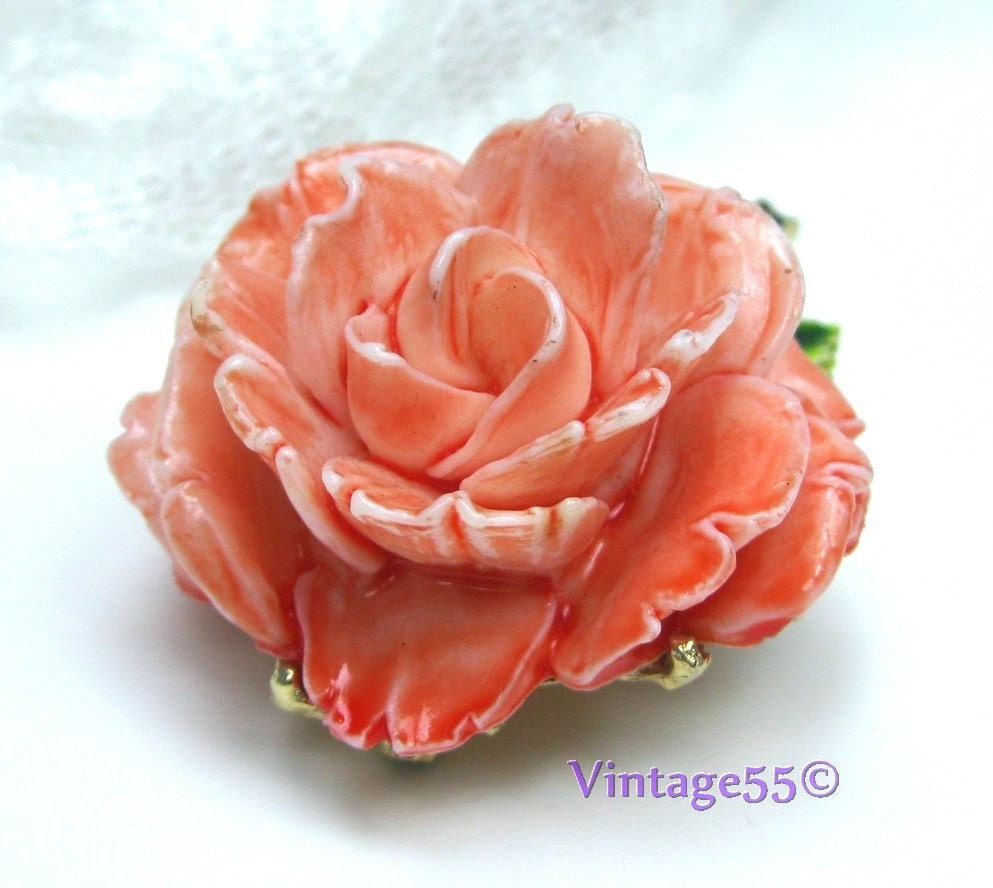 Vintage Brooch Stemmed Coral Rose Pell