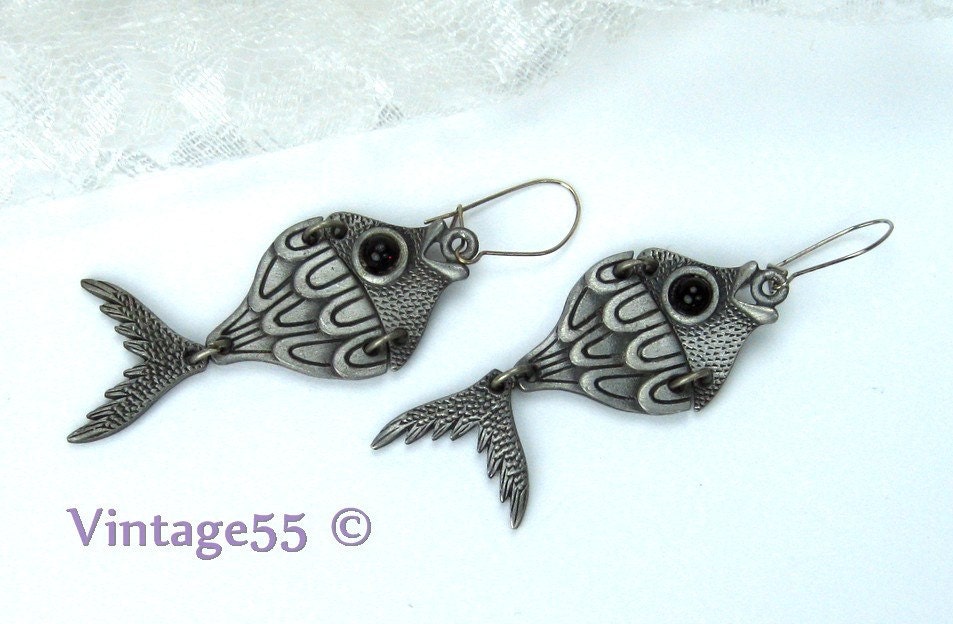 Vintage Earrings Fish Pewter Pierced wires
