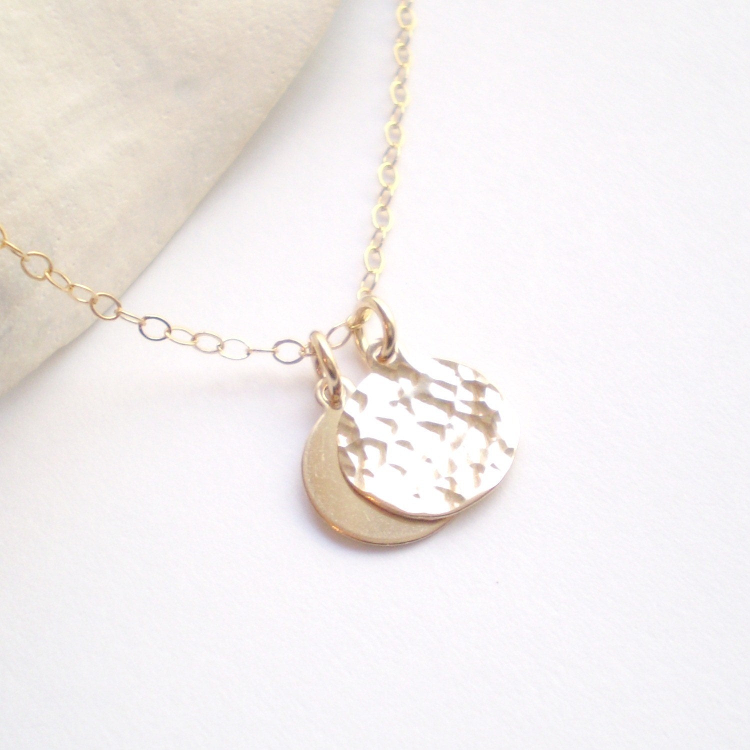 Two Tiny Discs Necklace - Two Small Overlapping Gold Filled Discs - One Hammered One Shiny - on Delicate Gold Filled Chain