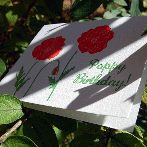 Poppy Birthday- letterpress, greeting card, folded, Single